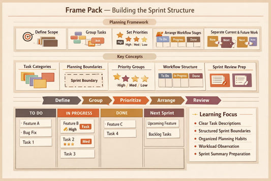A beige and brown infographic titled 'Frame Pack — Building the Sprint Structure' with multiple labeled panels for planning, key concepts, task categories, and review steps, presented as a digital diagram.