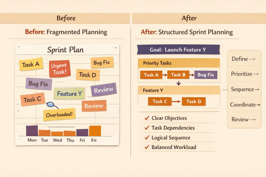 A beige infographic comparing a before-and-after workflow approach. The left side, labeled 'Before: Isolated Tasks,' shows scattered sticky notes, question marks, and duplicate reports.