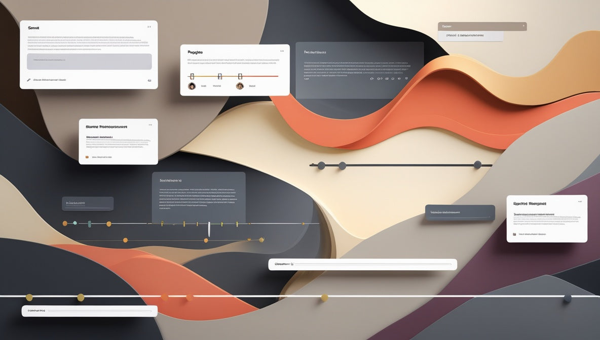 A digital mockup collection of business presentation templates and UI cards in a modern abstract color palette of orange, beige, white, and dark gray.