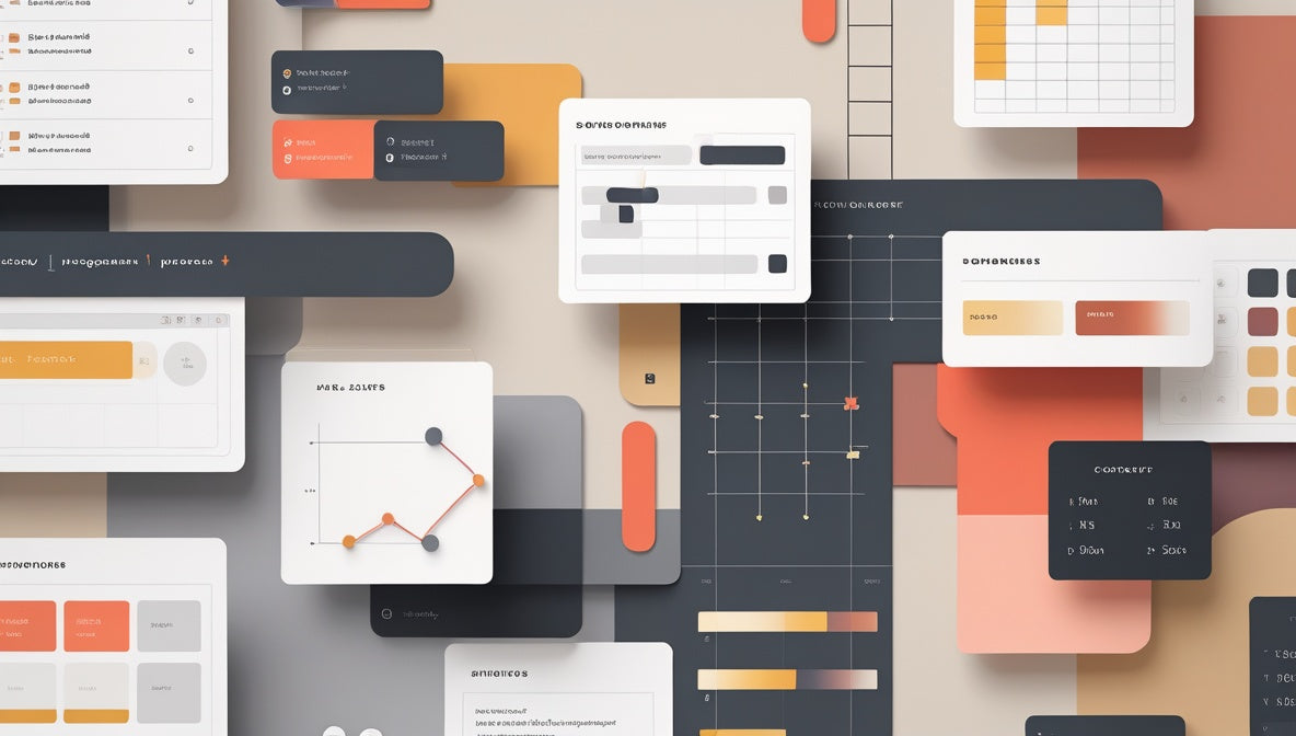 A flat-lay digital mockup of various business presentation templates, charts, and UI cards in a modern color palette of dark gray, peach, orange, and white.