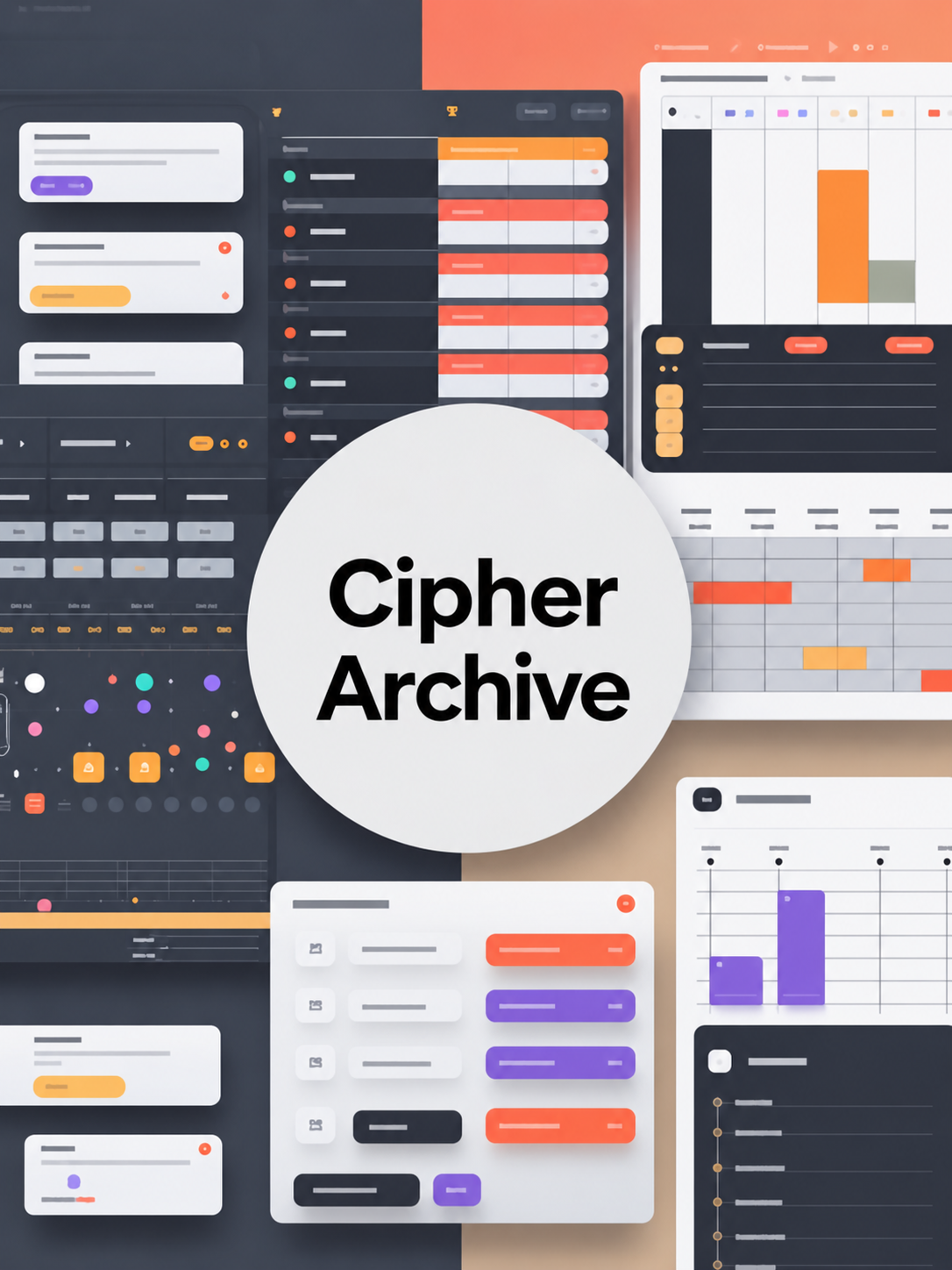 A collage-style promotional graphic with multiple UI dashboard panels and a large white circular badge in the center reading 'Luma Guide'. The design uses dark gray, peach, white, orange, purple, and black elements, and appears to be a digital preview rather than a physical product photo.