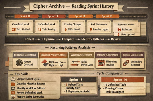 A digital infographic titled 'Cipher Archive — Reading Sprint History' presenting a side-by-side comparison of Sprint 13 and Sprint 14 metrics, workflows, and key skills on a textured dark brown background.
