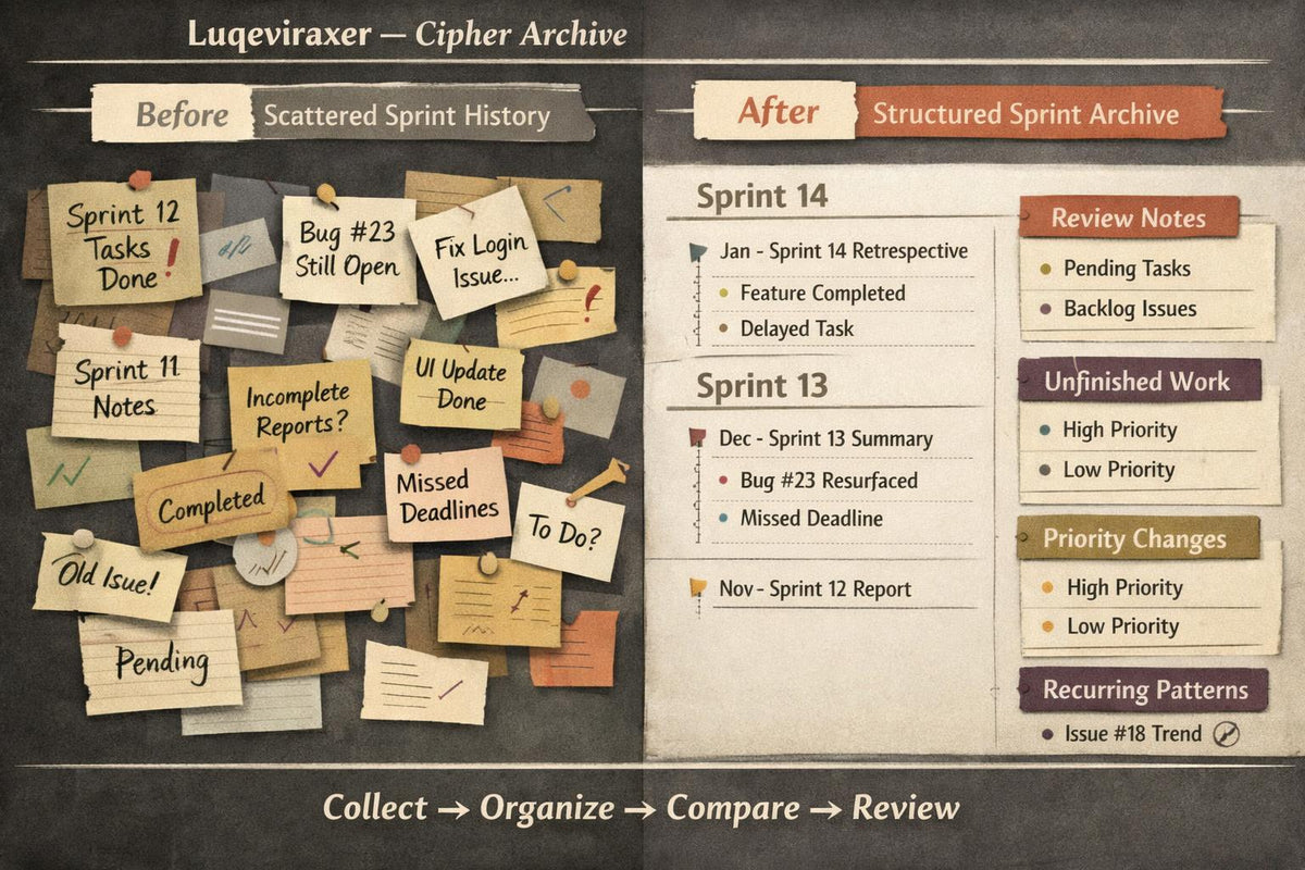 A digital infographic titled 'Luveviraxer - Cipher Archive' comparing a messy 'Before' sprint history board with an organized 'After' structured archive. The left side shows a cluttered board with various sticky notes in yellow, beige, and brown tones.