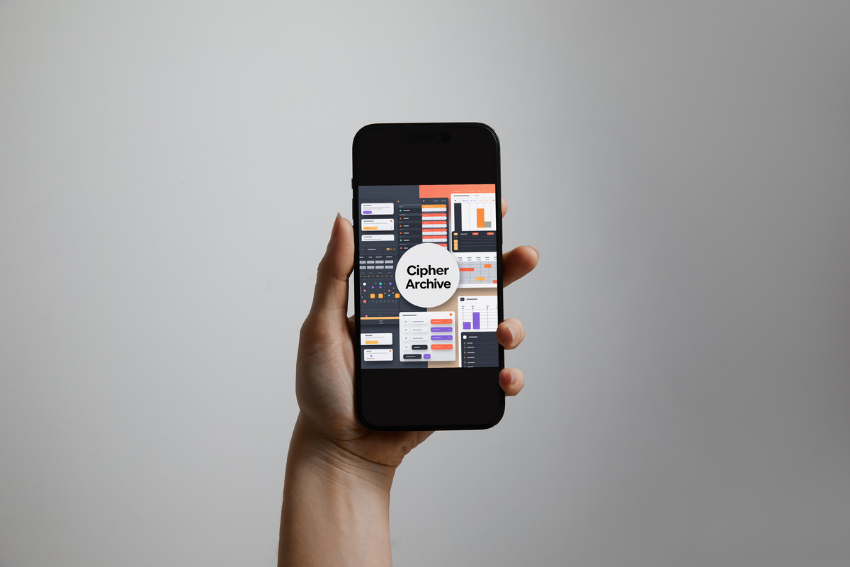 A hand holds a black smartphone against a plain light gray background. The phone screen displays a dashboard interface with charts and a central circular logo reading 'Cipher Archive'.