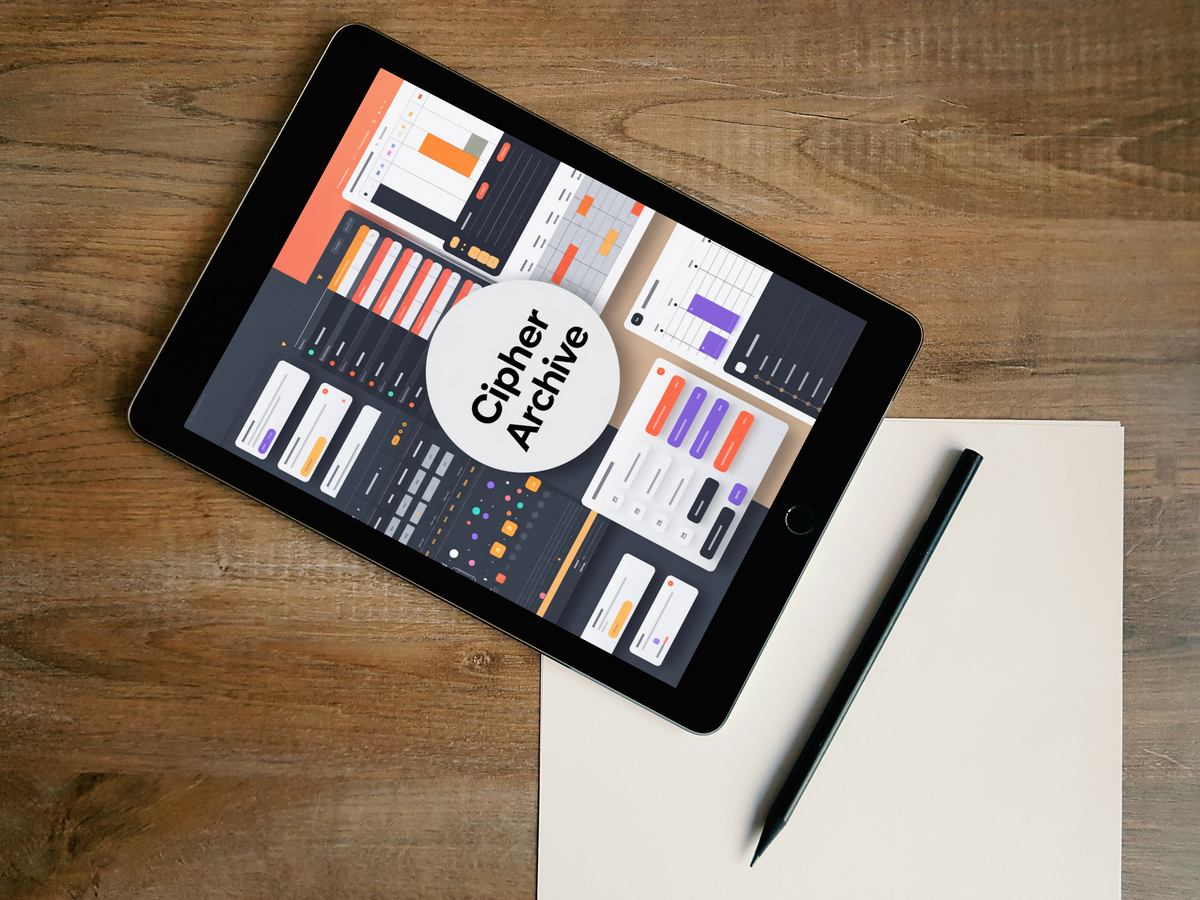 A black tablet lying diagonally on a wooden desk, displaying a dashboard interface with a large white circle reading 'Ciph er Archive'. A beige sheet of paper and a black stylus are placed beside it.