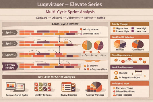 An infographic titled 'Luma Guide — Structured Sprint Planning' with a beige background, showing a flowchart of planning steps and icons for sprint objectives, task sequencing, dependency awareness, workload distribution, and planning review. Color-coded boxes and banners highlight key concepts.