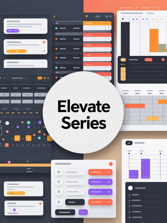 A collage-style promotional graphic with multiple UI dashboard panels and a large white circular badge in the center reading 'Luma Guide'. The design uses dark gray, peach, white, orange, purple, and black elements, and appears to be a digital preview rather than a physical product photo.