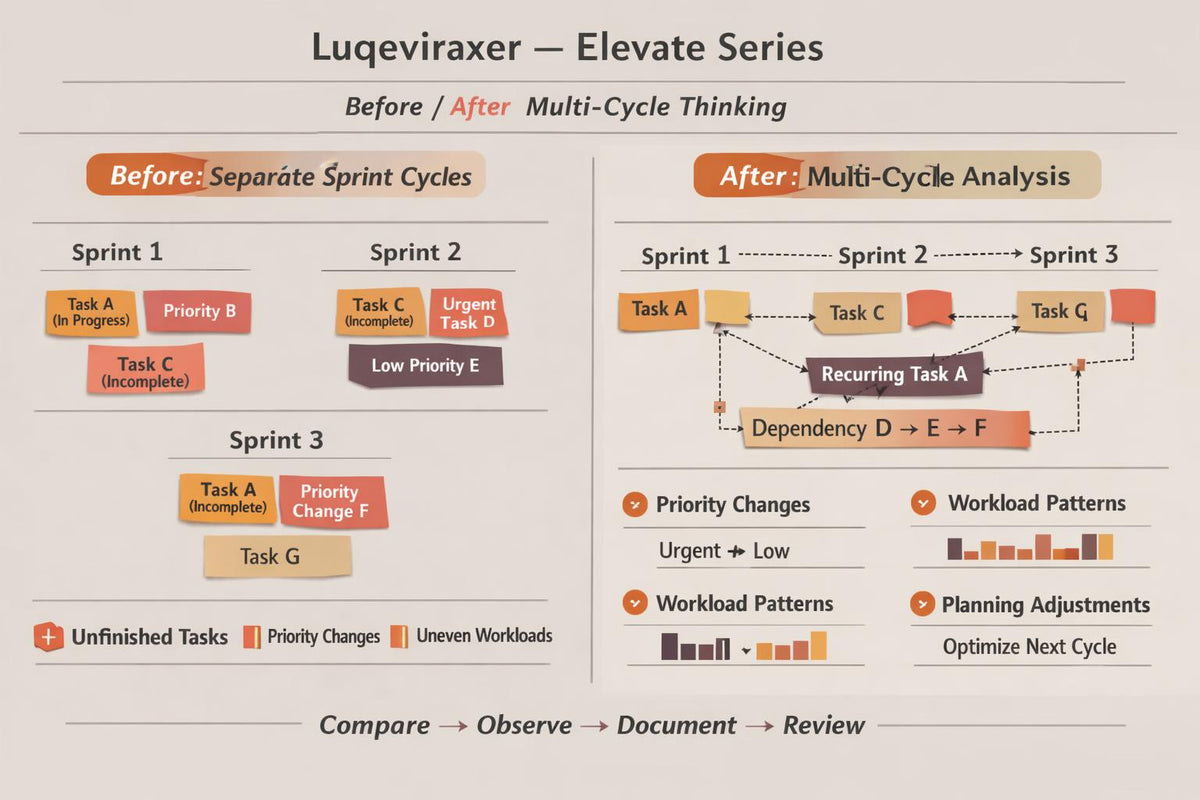 A beige infographic comparing a before-and-after workflow approach. The left side, labeled 'Before: Isolated Tasks,' shows scattered sticky notes, question marks, and duplicate reports.