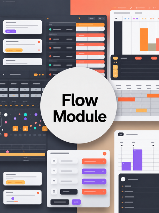 A collage-style promotional graphic with multiple UI dashboard panels and a large white circular badge in the center reading 'Flow Module'. The design uses dark gray, peach, white, orange, purple, and black elements, and appears to be a digital preview rather than a physical product photo.