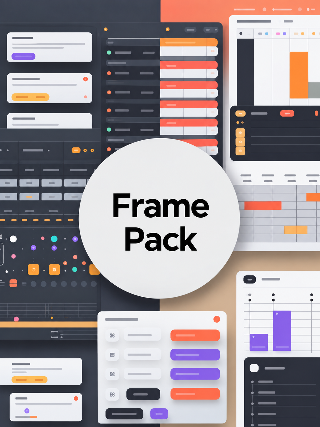 A collage-style promotional graphic for a digital frame pack, with multiple UI dashboard panels arranged around a large white circular badge reading “Frame Pack.” The panels show charts, tables, sliders, and layout components in a modern design palette.