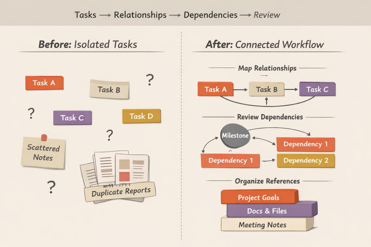A beige infographic comparing a before-and-after workflow approach. The left side, labeled 'Before: Isolated Tasks,' shows scattered sticky notes, question marks, and duplicate reports.