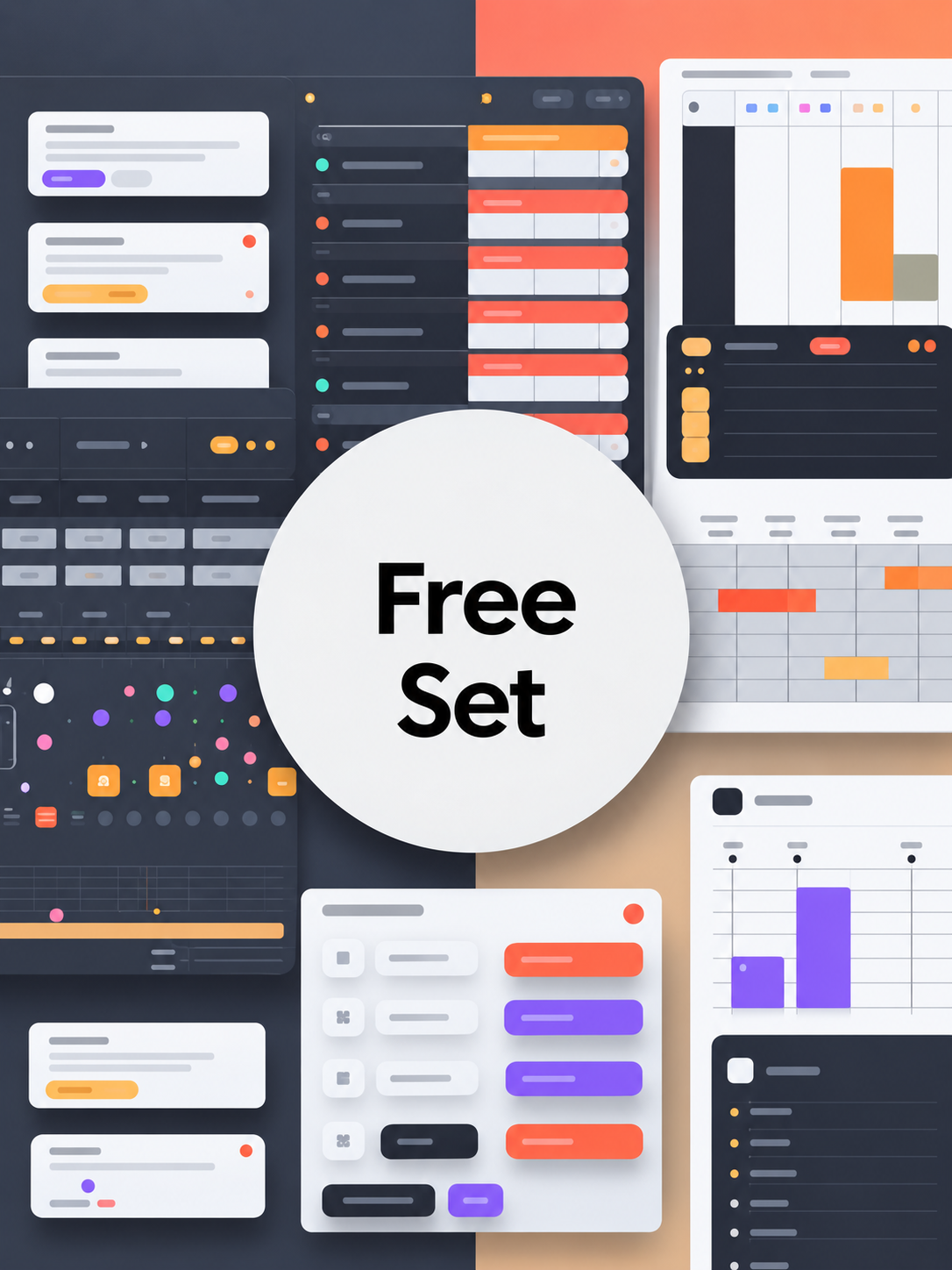 A collage-style promotional graphic with multiple UI dashboard panels and a large white circular badge in the center reading 'Free Set'. The design uses dark gray, peach, white, orange, purple, and black elements, and appears to be a digital preview rather than a physical product photo.
