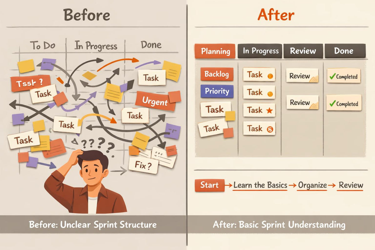 A beige infographic comparing a before-and-after workflow approach. The left side, labeled 'Before: Isolated Tasks,' shows scattered sticky notes, question marks, and duplicate reports.