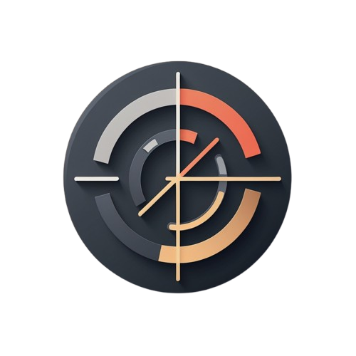 A circular target-style graphic with concentric rings and intersecting lines in dark gray, white, orange, and beige on a plain white background.