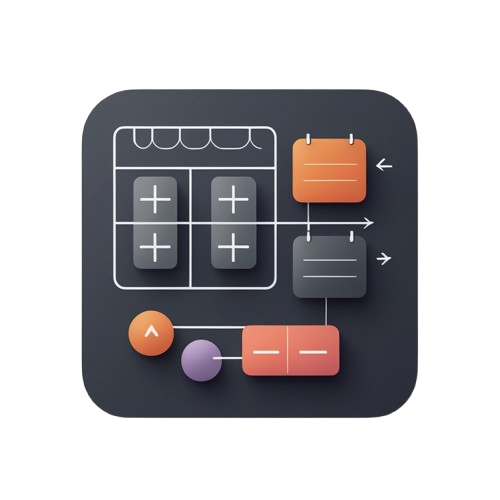 A stylized digital illustration of a calculator interface with orange, gray, and purple display panels and arrows on a dark rounded square, centered on a light gray background.