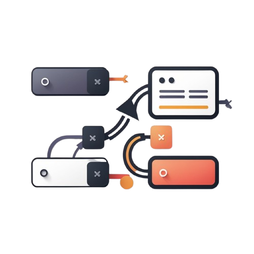 A minimalist vector illustration showing connected interface-like components on a white background, including dark gray and orange rectangular blocks, arrows, and small circular details.