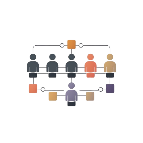 A flat vector-style diagram on a white background showing connected human figures in muted orange, gray, peach, tan, purple, and dark gray tones, linked by thin lines and circles.