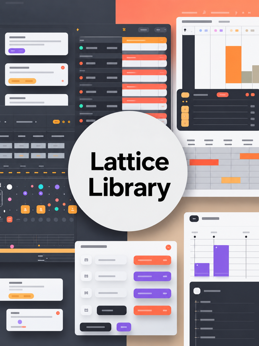 A collage-style promotional graphic with multiple UI dashboard panels and a large white circular badge in the center reading 'Lattice Library'. The design uses dark gray, peach, white, orange, purple, and black elements, and appears to be a digital preview rather than a physical product photo.