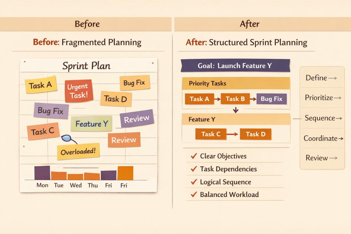 A beige infographic comparing a before-and-after workflow approach. The left side, labeled 'Before: Isolated Tasks,' shows scattered sticky notes, question marks, and duplicate reports.
