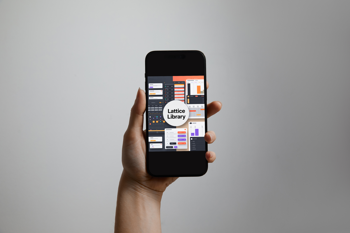 A hand holds a black smartphone against a plain light gray background. The phone screen displays a UI design template collage with a central white circle reading 'Lattice Library'.
