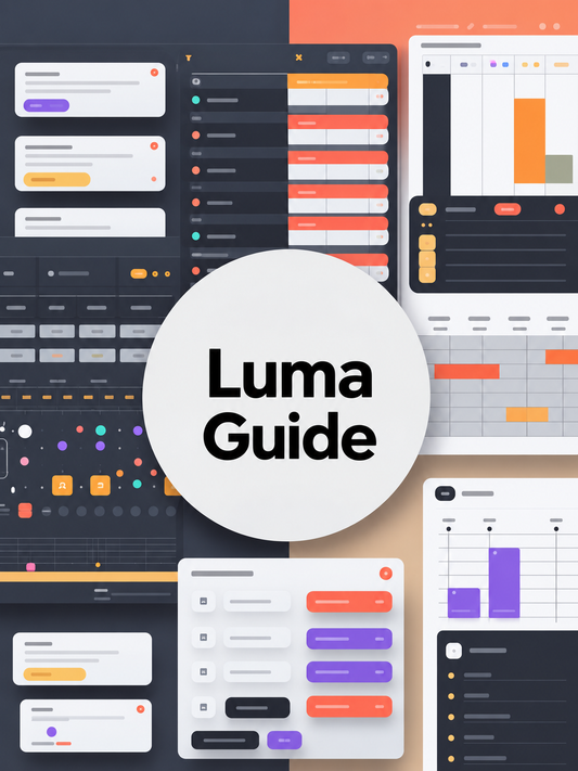 A collage-style promotional graphic with multiple UI dashboard panels and a large white circular badge in the center reading 'Luma Guide'. The design uses dark gray, peach, white, orange, purple, and black elements, and appears to be a digital preview rather than a physical product photo.