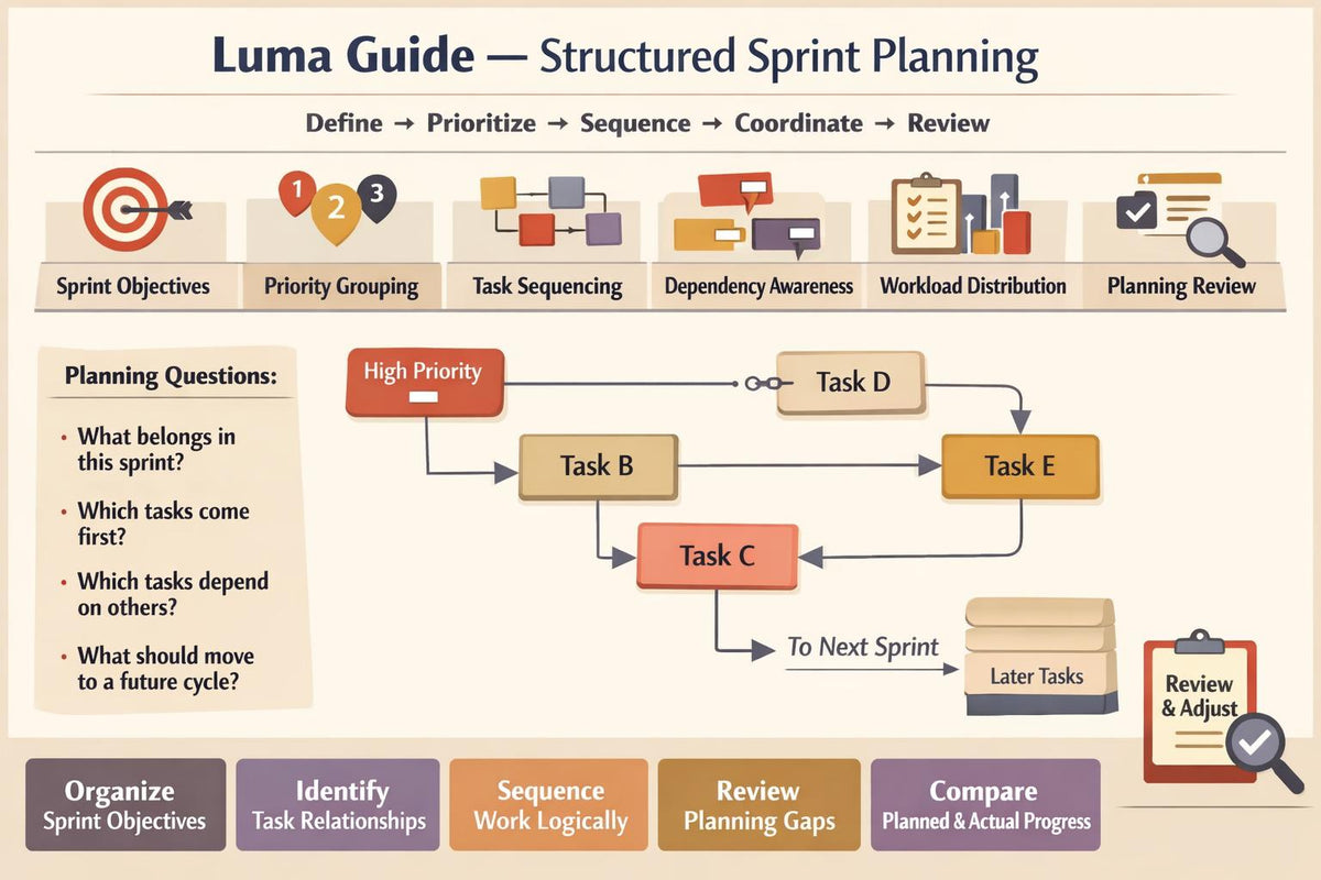 An infographic titled 'Luma Guide — Structured Sprint Planning' with a beige background, showing a flowchart of planning steps and icons for sprint objectives, task sequencing, dependency awareness, workload distribution, and planning review. Color-coded boxes and banners highlight key concepts.
