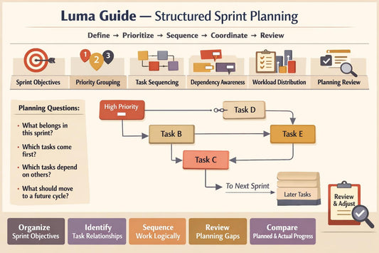 An infographic titled 'Luma Guide — Structured Sprint Planning' with a beige background, showing a flowchart of planning steps and icons for sprint objectives, task sequencing, dependency awareness, workload distribution, and planning review. Color-coded boxes and banners highlight key concepts.