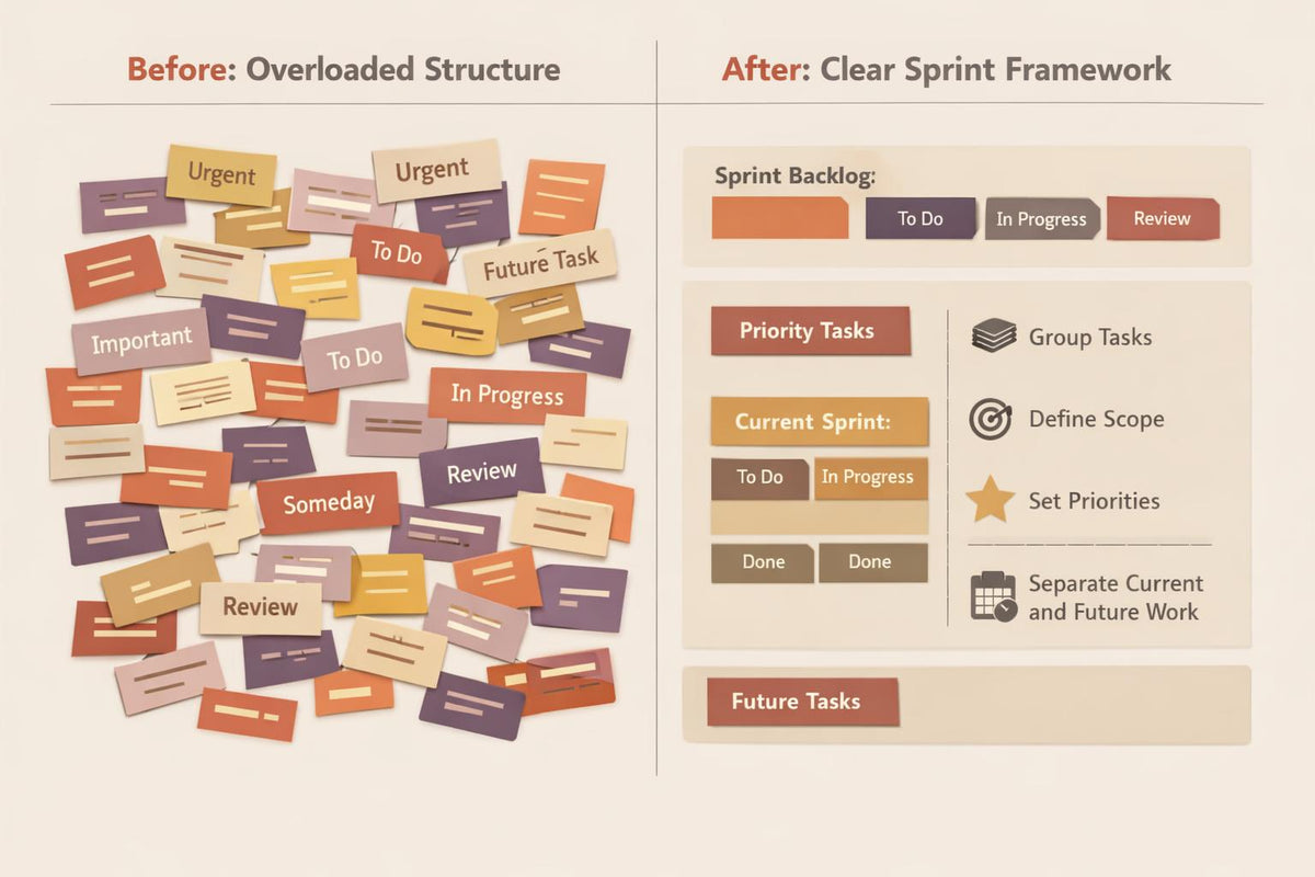 A comparison graphic titled 'Before: Overloaded Structure' and 'After: Clear Sprint Framework' on a warm beige background. The left side shows a cluster of mixed task labels in orange, yellow, purple, and brown.