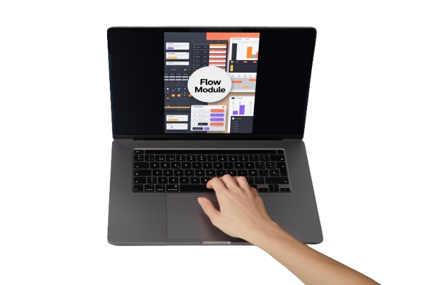 A gray laptop with a hand resting on the trackpad, displaying a software interface on screen labeled 'Flow Module' against a plain white background.