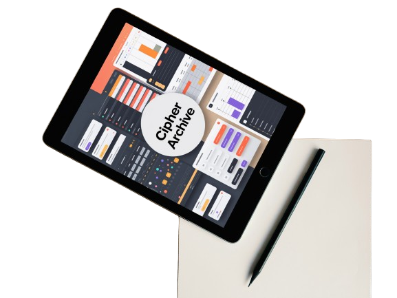A black tablet angled on a white surface, displaying a dashboard interface with the text 'Cipher Archive' in a white circle. A black stylus rests on a beige sheet of paper beside the tablet.