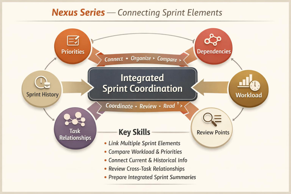 An infographic titled 'Luma Guide — Structured Sprint Planning' with a beige background, showing a flowchart of planning steps and icons for sprint objectives, task sequencing, dependency awareness, workload distribution, and planning review. Color-coded boxes and banners highlight key concepts.