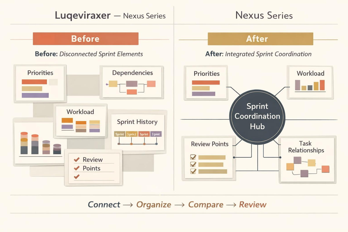 A beige infographic comparing a before-and-after workflow approach. The left side, labeled 'Before: Isolated Tasks,' shows scattered sticky notes, question marks, and duplicate reports.