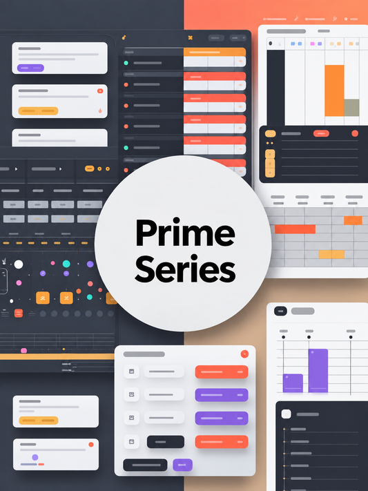 A collage of flat UI design mockups and dashboard screens in dark gray, white, orange, and purple, with a large white circle in the center containing the text 'Prime Series'.