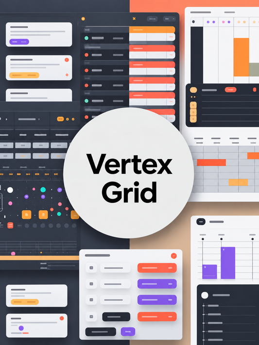 A digital graphic showing multiple UI dashboard panels arranged around a large white circle with the text 'Vertex Grid' in the center. The panels feature charts, tables, and layout components in a clean, modern design with dark gray, white, orange, purple, and beige tones.